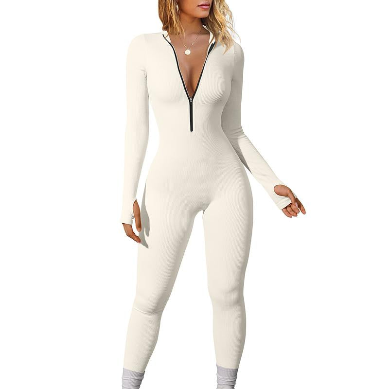 OYS Women'S Long Sleeve Zipper Front Seamless Ribbed Stretch Yoga Sport Jumpsuits