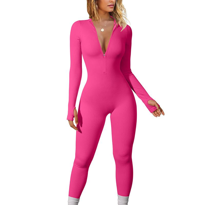 OYS Women'S Long Sleeve Zipper Front Seamless Ribbed Stretch Yoga Sport Jumpsuits