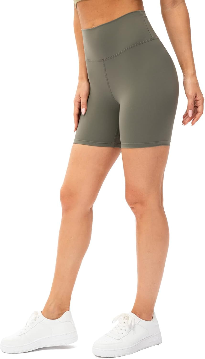 Women'S Naked Feeling Biker Shorts 6 Inch - High Waisted Ultra Soft Workout Yoga Shorts with Rear Pocket (Olive Green, 8)