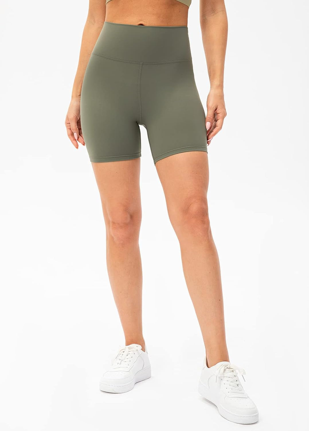 Women'S Naked Feeling Biker Shorts 6 Inch - High Waisted Ultra Soft Workout Yoga Shorts with Rear Pocket (Olive Green, 8)