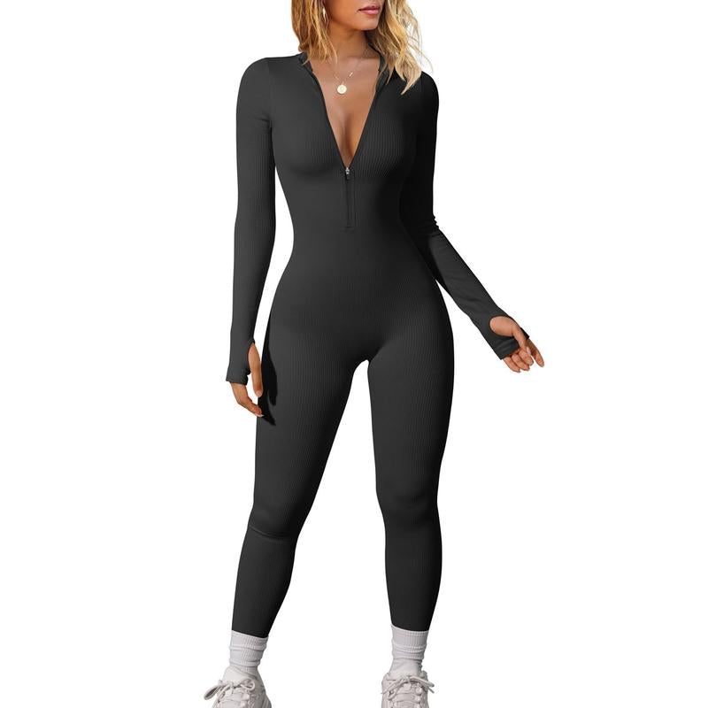 OYS Women'S Long Sleeve Zipper Front Seamless Ribbed Stretch Yoga Sport Jumpsuits