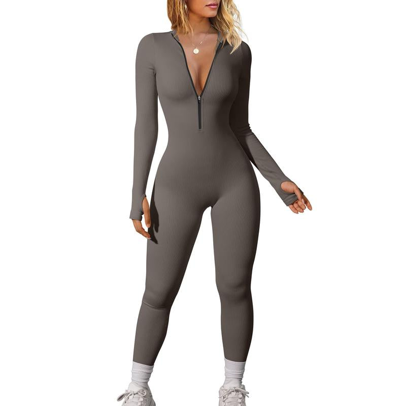 OYS Women'S Long Sleeve Zipper Front Seamless Ribbed Stretch Yoga Sport Jumpsuits