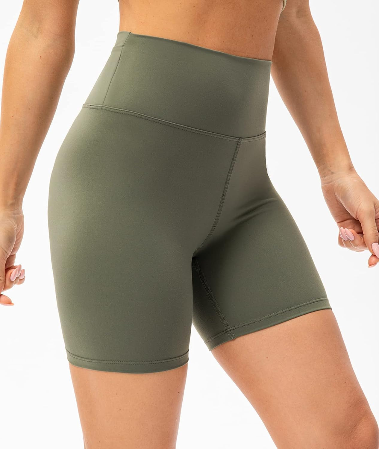 Women'S Naked Feeling Biker Shorts 6 Inch - High Waisted Ultra Soft Workout Yoga Shorts with Rear Pocket (Olive Green, 8)