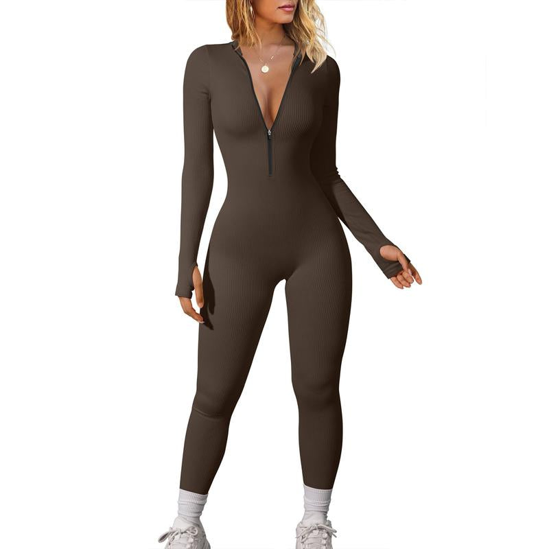 OYS Women'S Long Sleeve Zipper Front Seamless Ribbed Stretch Yoga Sport Jumpsuits