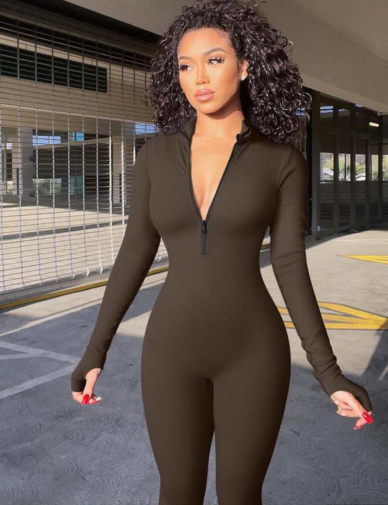 OYS Women'S Long Sleeve Zipper Front Seamless Ribbed Stretch Yoga Sport Jumpsuits