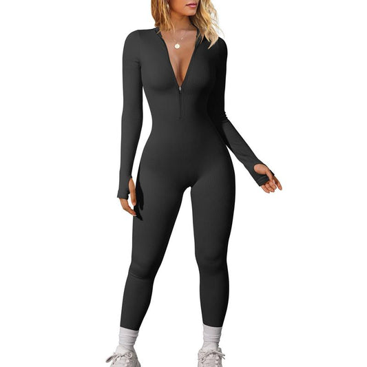 OYS Women'S Long Sleeve Zipper Front Seamless Ribbed Stretch Yoga Sport Jumpsuits